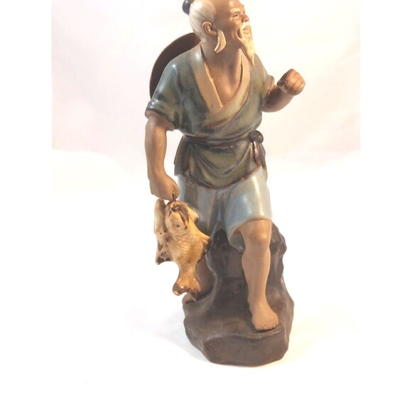 Chinese Shiwan Artistic Ceramic Mudman Fisherman Glazed Figurine 9.5" tall vtg - Picture 3 of 10
